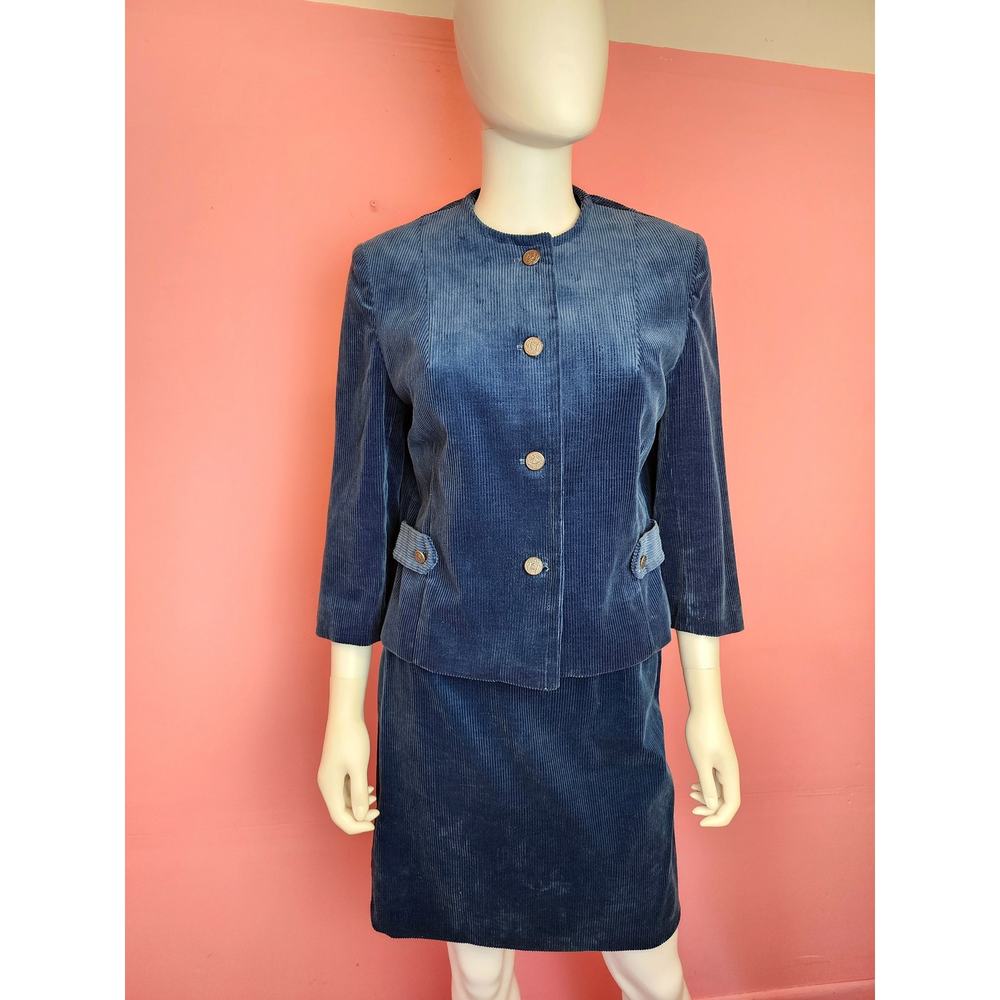 Size XS | Vintage 1960's Navy Blue Corduroy Skirt Suit Blazer Ensemble